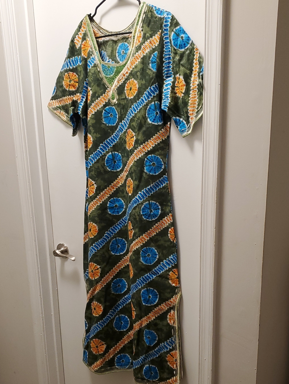 Olive Green Patterned Maxi Dress with Blue & Orange Accents